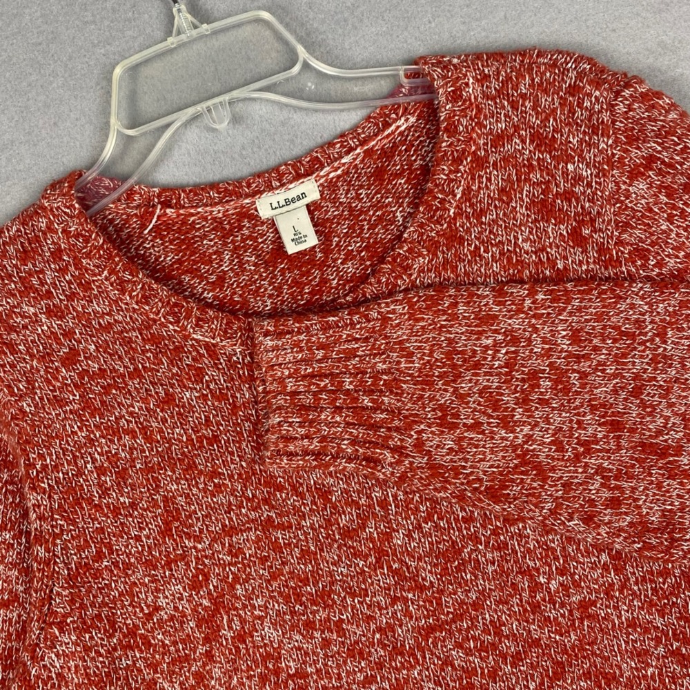 LL Bean Womens Large Red White Marled Cotton Crewneck Sweater 501067 Regular